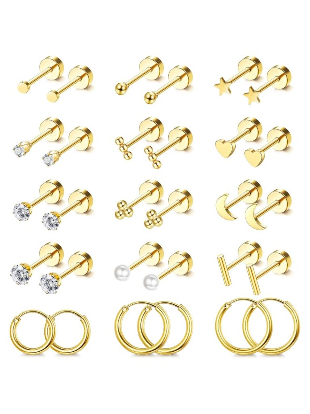 14K Gold Plated Surgical Steel Flat Back Stud Earrings Set Hypoallergenic